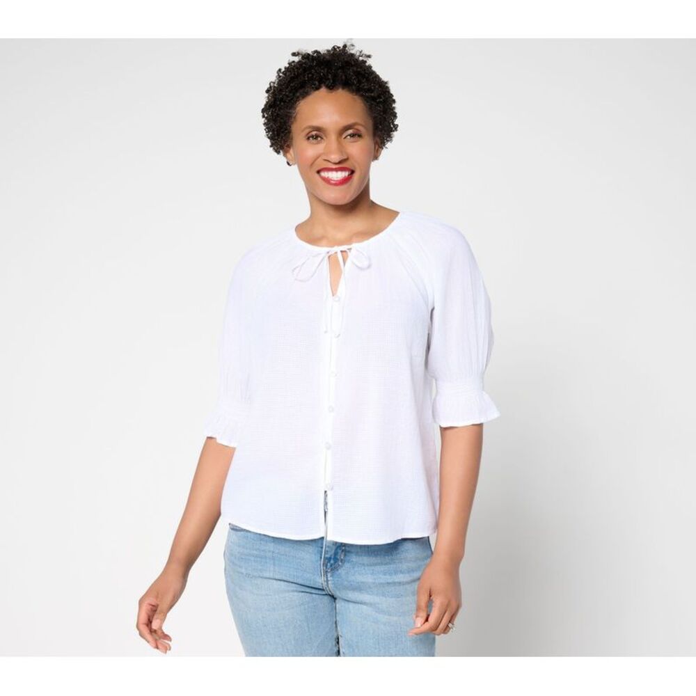 Top Knot Women's Sz XL 100% Cotton Wharf Tie Neck Shirt White